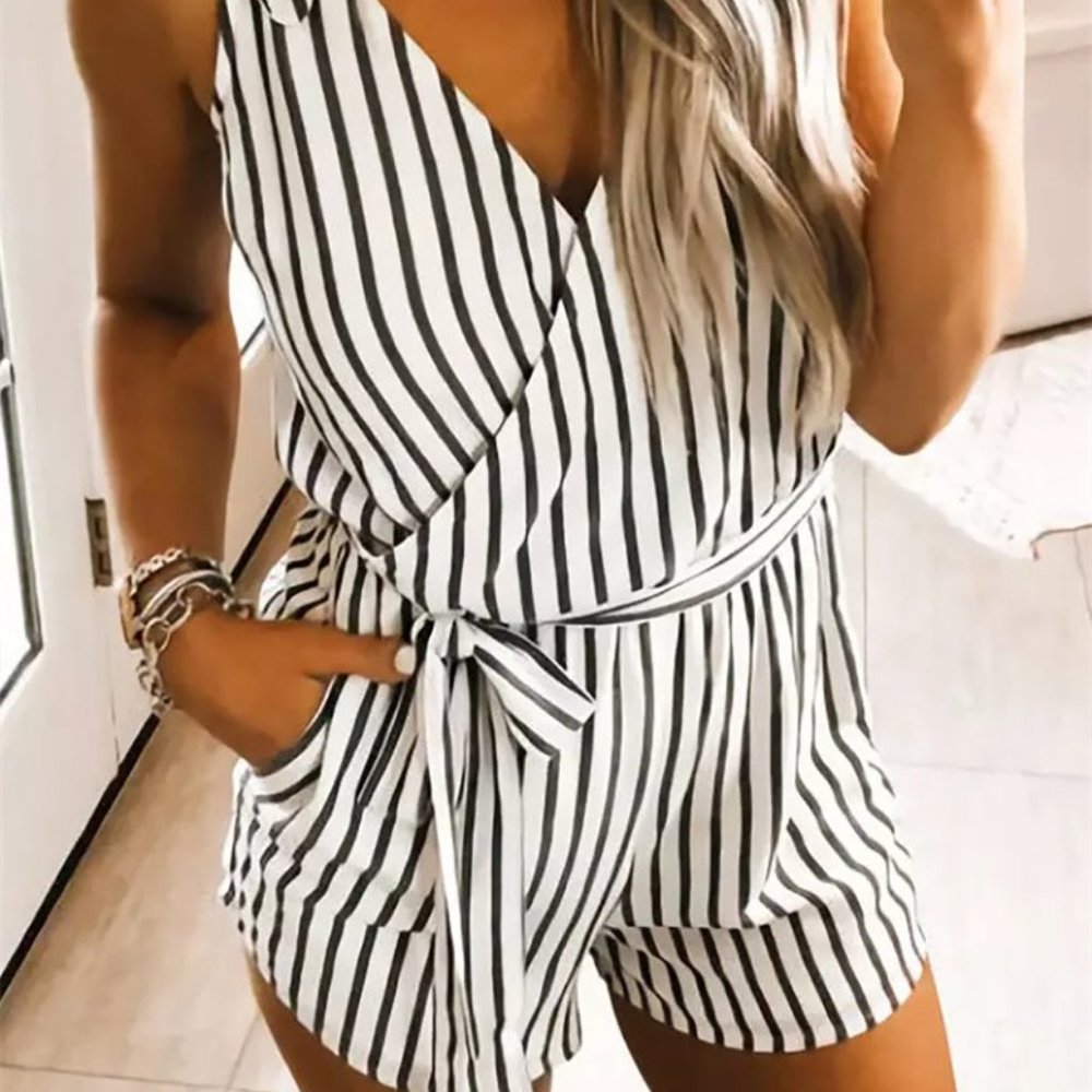 Brand New Striped Black and White Shorts Romper